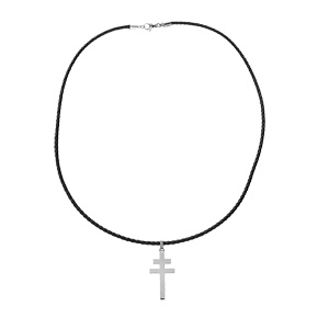 Collier en acier et cuir noir avec pendentif croix de Lorraine satine 50+5cm - Vue 2