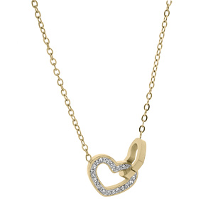 Collier en acier et PVD jaune pendentif double coeur oxydes blancs sertis 39+5cm - Vue 2