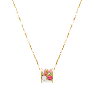 Collier Stella Mia en acier doré jaune avec pendentif rectangulaire fond résine blanche fleur rose et violet - 42+10cm - Vue 2