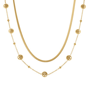 Collier en acier dorédeux rangs chaîne plate et l\'autre boules avec motifs abre de vie - 40+6cm - Vue 2