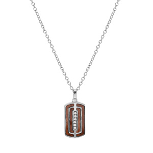 Collier en acier chane avec pendentif rectangulaire aspect bois marron oxydes blancs sertis 50+5cm - Vue 2