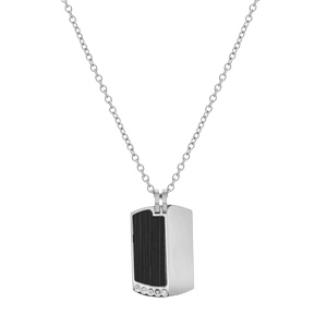 Collier en acier chane avec pendentif rectangulaire aspect bois noir et oxydes blancs sertis 50+5cm - Vue 2