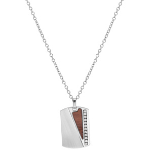 Collier en acier chane avec pendentif rectangulaire triangle aspect bois marron et oxydes blancs sertis 50+5cm - Vue 2