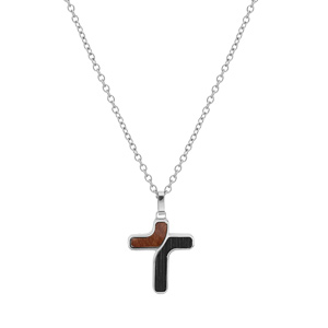 Collier en acier chane avec pendentif croix aspect bois marron et noir 50+5cm - Vue 2