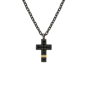Collier en acier et PVD noir et jaune chane avec pendentif petite croix et oxydes noirs 50+5cm - Vue 2