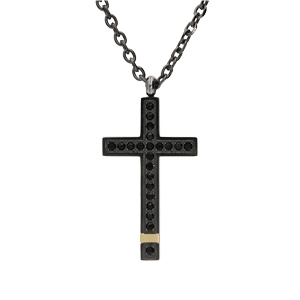 Collier en acier et PVD noir et jaune chane avec pendentif grande croix et oxydes noirs 50+5cm - Vue 2