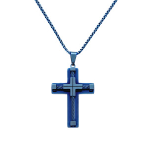 Collier en acier PVD bleu pendentif croix 55x40mm avec cble noir   - 55+10cm - Vue 2