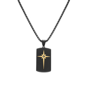 Collier en acier PVD noir pendentif rectangulaire 35x20mm avec etoile dore et oxyde blanc au centre  - 50+10cm - Vue 2