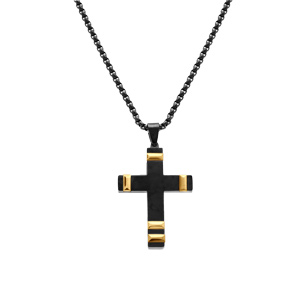 Collier en acier PVD noir pendentif croix 40x28mm avec motif dor  - 50+10cm - Vue 2