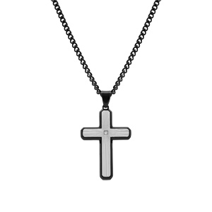 Collier en acier PVD noir pendentif croix acier gris strié 38x26mm et contour PVD noir avec oxyde blanc - 50+10cm - Vue 2