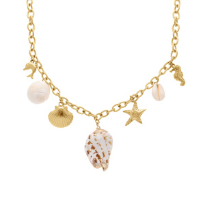 Collier en acier doré pampilles theme mer et coquillages - 42+5cm - Vue 2