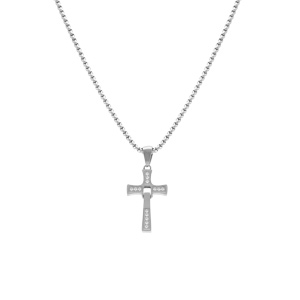 Collier en acier pendentif croix articulée 20 x 14mm avec oxydes blancs - 45+10cm - Vue 2