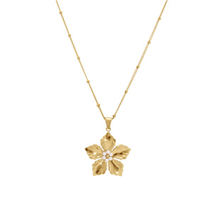 Collier en acier pendentif fleur avecperles blanches imitation au centre - 43+5cm - Vue 2