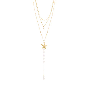 Collier en acier 3 rangs avec etoile de mer et perles blanches imitation - 43+5cm (53+5cm) - Vue 2