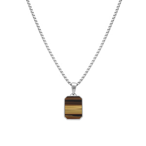 Collier en acier pendentif pierre marron imitation 22mmx15mm - 59cm rglable 54 - Vue 2