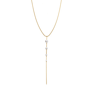 Collier en acier dor cravate quatre perles imitation blanche - 42+5cm - Vue 2