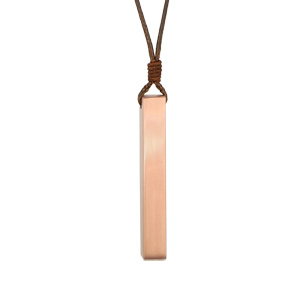 Collier avec pendentif tube rectangulaire en acier rose satiné 6mm personnalisable et cordon marron réglable - Vue 2