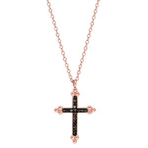 Collier en acier et PVD rose avec Pendentif Croix noire et pierres noires 45+5cm - Vue 2