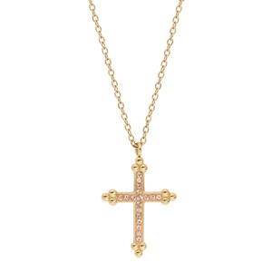 Collier en acier et PVD jaune avec Pendentif Croix champagne et pierres champagne 45+5cm - Vue 2