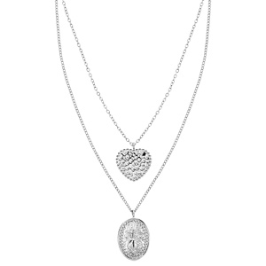 Collier en acier double chane avec Pendentif coeur et ovale motif toile 50+5cm - Vue 2