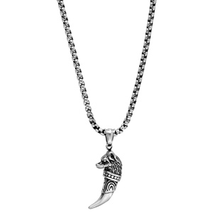 Collier en acier chane avec pendentif corne et tte de loup vieillie 55cm - Vue 2