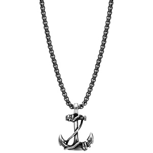 Collier en acier chane maille jaseron patine avec Pendentif ancre marine 55cm - Vue 2