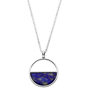 Collier en acier chane avec Pendentif cercle et demi lune en pierre Lapis Lazuli vritable 38+7cm - Vue 2