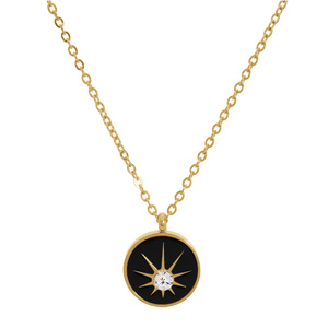 Collier en acier dor pendentif rond rsine noire et 1 oxyde blanc toil - 38+7cm - Vue 2