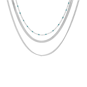 Collier en acier 3 rangs avec perles couleur turquoise de synthse 42+4cm - Vue 2