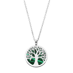 Collier en acier chane avec pendentif arbre de vie dcoup sur fond Malachite vritable 38+7cm - Vue 2