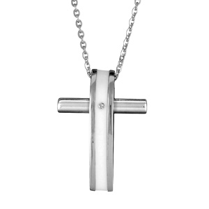Collier en acier chaîne avec pendentif croix chrétienne avec bande en résine blanche et oxyde blanc au milieu - longueur 50cm + 5cm - Vue 2
