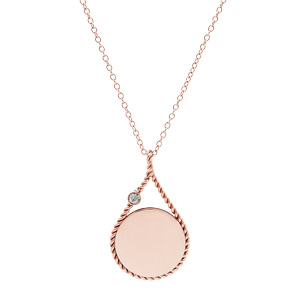 Collier en acier et PVD rose chane avec pendentif rond  graver dans une goutte contour perl 38+7cm - Vue 2