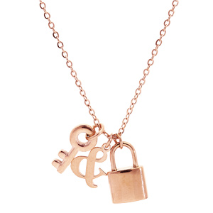 Collier en acier et PVD rose pendentifs cadenas, clefs et \