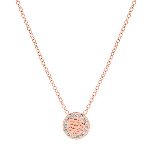 Collier en acier et PVD rose chaine avec pastille martele et oxydes blancs sertis 40+5cm - Vue 2