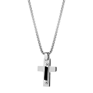 Collier en acier chane avec pendentif croix cbles noirs longueur 54cm - Vue 2