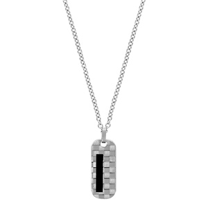 Collier en acier chaîne avec pendentif rectangle arrondi quadrillé et bande en PVD noir - longueur 50cm + 5cm de rallonge - Vue 2