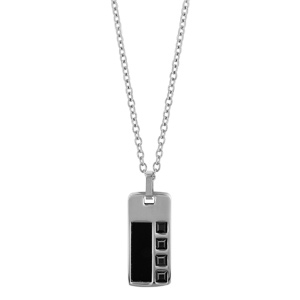 Collier en acier chaîne avec pendentif rectangle orné d\'1 bande en PVD noir et d\'oxydes carrés noirs - longueur 50cm + 5cm de rallonge - Vue 2