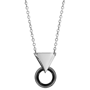 Collier en acier chane avec pendentif triangle lisse retenant un anneau en cramique noire - longueur 42cm + 5cm de rallonge - Vue 2