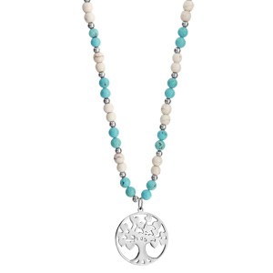 Collier acier et boules imitation blanches et bleues pendentif arbre de vie 45+10cm - Vue 2