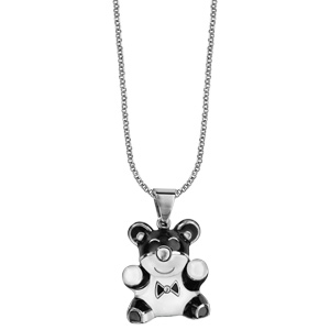 Collier en acier chaîne avec pendentif en émail noir et blanc panda avec noeud papillon - longueur 50cm + 10cm de rallonge - Vue 2