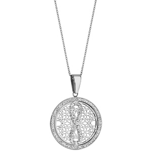 Collier en acier chane avec pendentif rond avec motifs ajours et infini et contour en rsine et strass blanc - longueur 42cm + 8cm de rallonge - Vue 2