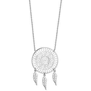 Collier en acier chaîne avec attrape rêve en forme de spirale et 3 plumes suspendues - longueur 50cm + 10cm de rallonge - Vue 2