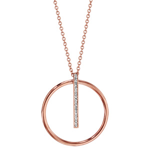 Collier en acier et PVD rose chane avec pendentif anneau suspendu par 1 rail en rsine et strass blancs - longueur 40cm + 5cm de rallonge - Vue 2