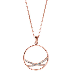 Collier en acier et PVD rose chane avec pendentif anneau avec  l\'intrieur 2 branches en rsine et strass blancs - longueur 40cm + 5cm de rallonge - Vue 2