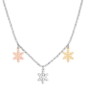 Collier en acier chaîne avec 3 pampilles flocons de neige, 1 rose, 1 gris et 1 jaune - longueur 42cm + 4cm de rallonge - Vue 2