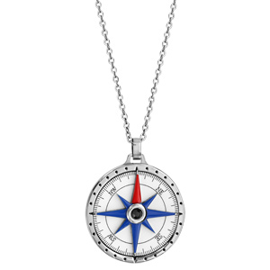 Collier en acier chaîne avec pendentif rose des vents sur fond blanc - longueur 50cm + 5cm de rallonge - Vue 2