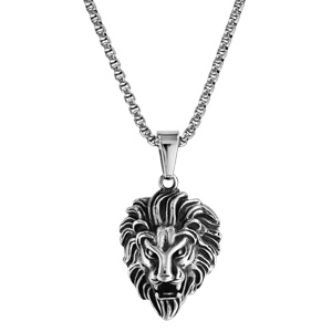 Collier en acier pendentif tte de lion patine 55cm - Vue 2