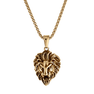 Collier en acier doré pendentif tête de lion patiné - 55cm - Vue 2
