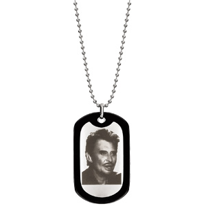 Collier acier chane boules plaque gi 52x32mm contour caoutchouc noir gravure portait johnny - longueur 50+10cm - Vue 2