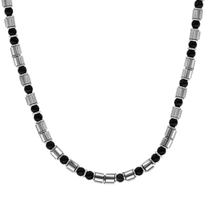 Collier en acier motifs sur cble boules noires et cylindres double fermoir 50cm + 3cm - Vue 2